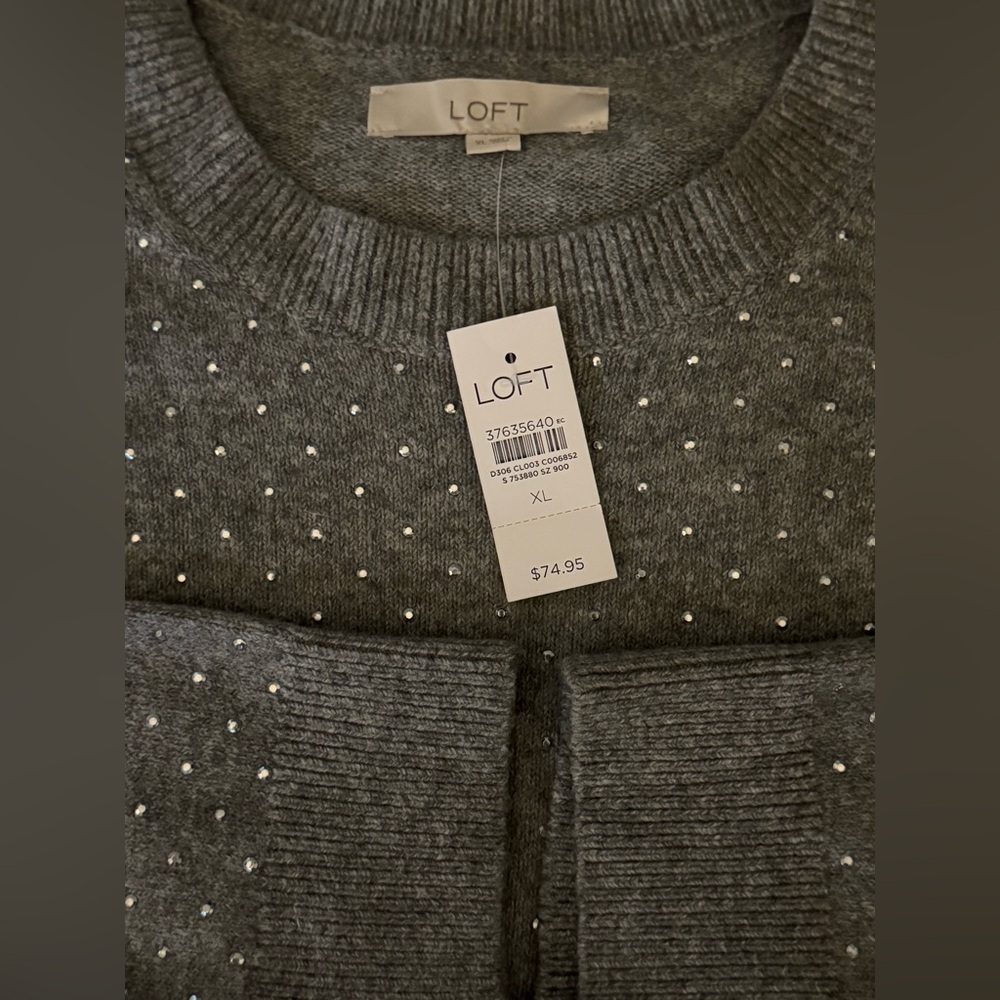 LOFT Women’s Embellished Charcoal Crew Neck Sweater NWT $74.95 XL